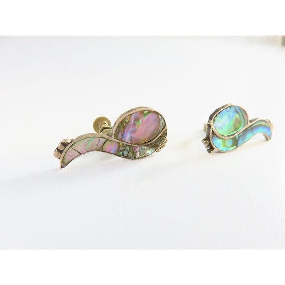 Vintage Taxco Mexico 940 Silver Abalone Screw Back Bird Earrings - Picture 2 of 7